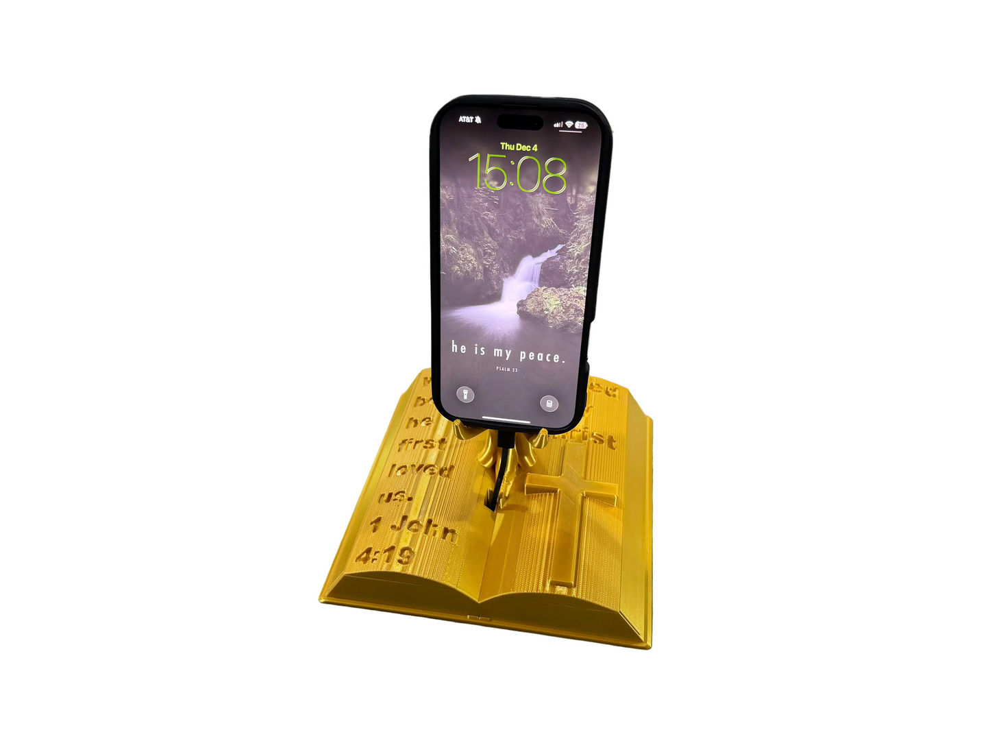 Christian Gift for Men & Women – Bible Verse Phone Stand | 1 John 4:19 | “Saved by Christ” Engraved Cross | Faith Desk Organizer