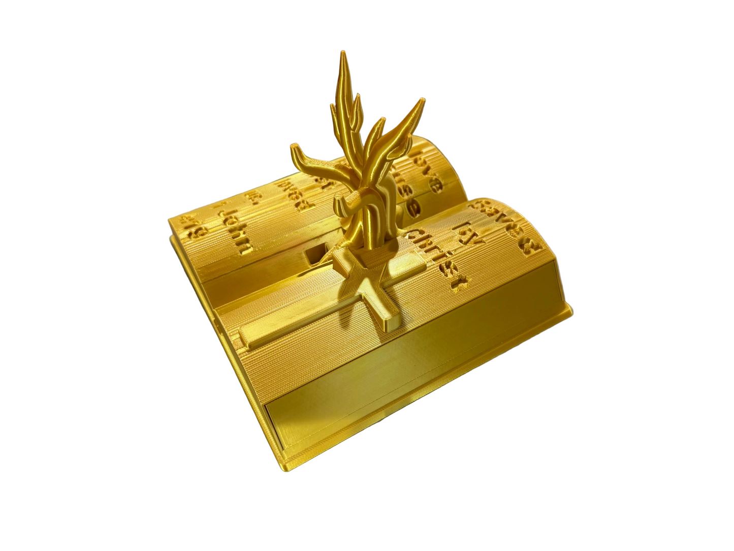 Christian Gift for Men & Women – Bible Verse Phone Stand | 1 John 4:19 | “Saved by Christ” Engraved Cross | Faith Desk Organizer