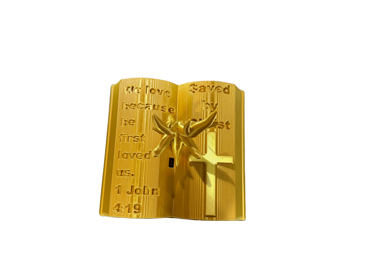 Christian Gift for Men & Women – Bible Verse Phone Stand | 1 John 4:19 | “Saved by Christ” Engraved Cross | Faith Desk Organizer